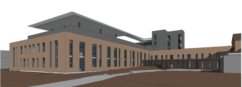 3D drawing of two-storey building linked to main hospital. Artist impression