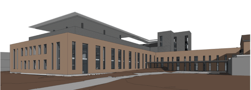 Artist impression of new ED and CCU 3D drawing of two-storey building linked to main hospital. Artist impression