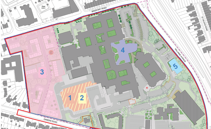 Map Site Map showing Key working housing to the far left, then the new Emergency Dept and Critical Care Unit, new main entrance and hospital support centre