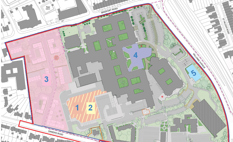 Site Map showing Key working housing to the far left, then the new Emergency Dept and Critical Care Unit, new main entrance and hospital support centre